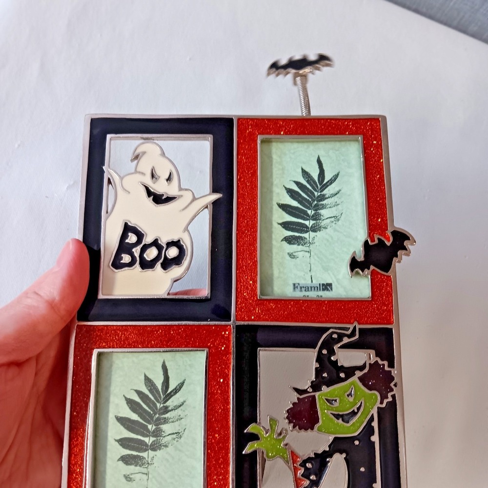 Halloween Double Picture Frame Ghost Witch Bat Glitter Orange Black 2 Photo - Picture 4 of 9